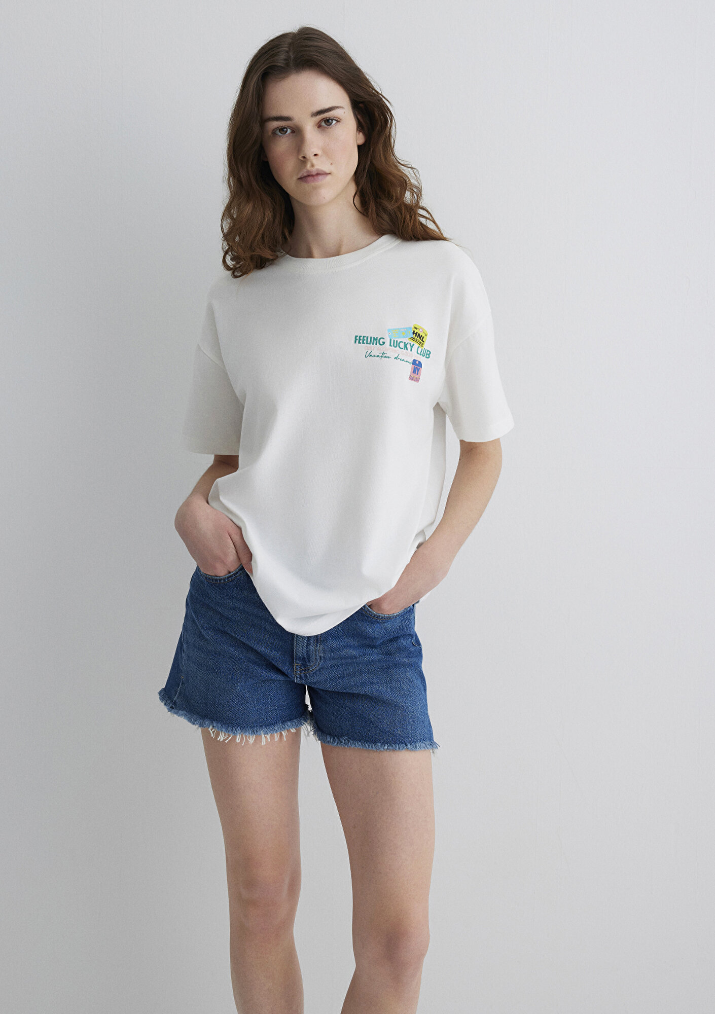  Mavi Baskılı Ekru Tişört Loose Fit / Bol Rahat Kesim 1613527-70057