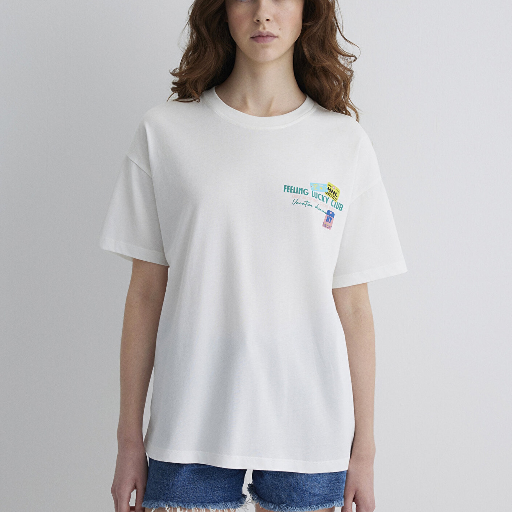 Mavi Baskılı Ekru Tişört Loose Fit / Bol Rahat Kesim 1613527-70057