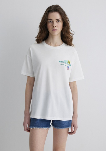  Mavi Baskılı Ekru Tişört Loose Fit / Bol Rahat Kesim 1613527-70057