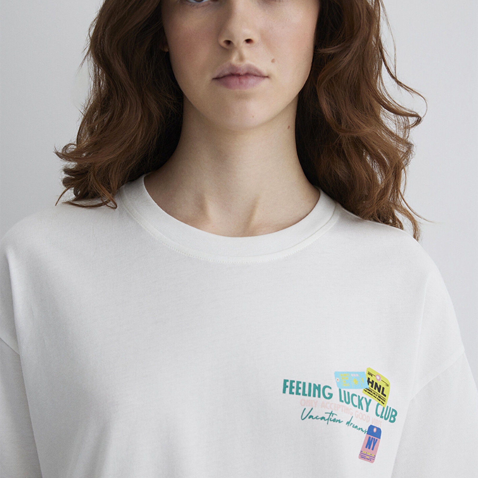 Mavi Baskılı Ekru Tişört Loose Fit / Bol Rahat Kesim 1613527-70057