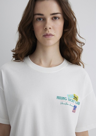  Mavi Baskılı Ekru Tişört Loose Fit / Bol Rahat Kesim 1613527-70057