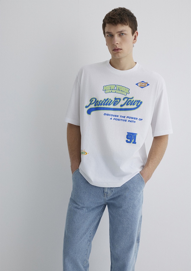  Mavi Baskılı Beyaz Tişört Relaxed Fit / Rahat Kesim 0612814-620