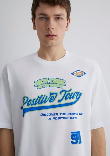  Mavi Baskılı Beyaz Tişört Relaxed Fit / Rahat Kesim 0612814-620