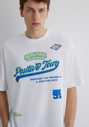  Mavi Baskılı Beyaz Tişört Relaxed Fit / Rahat Kesim 0612814-620