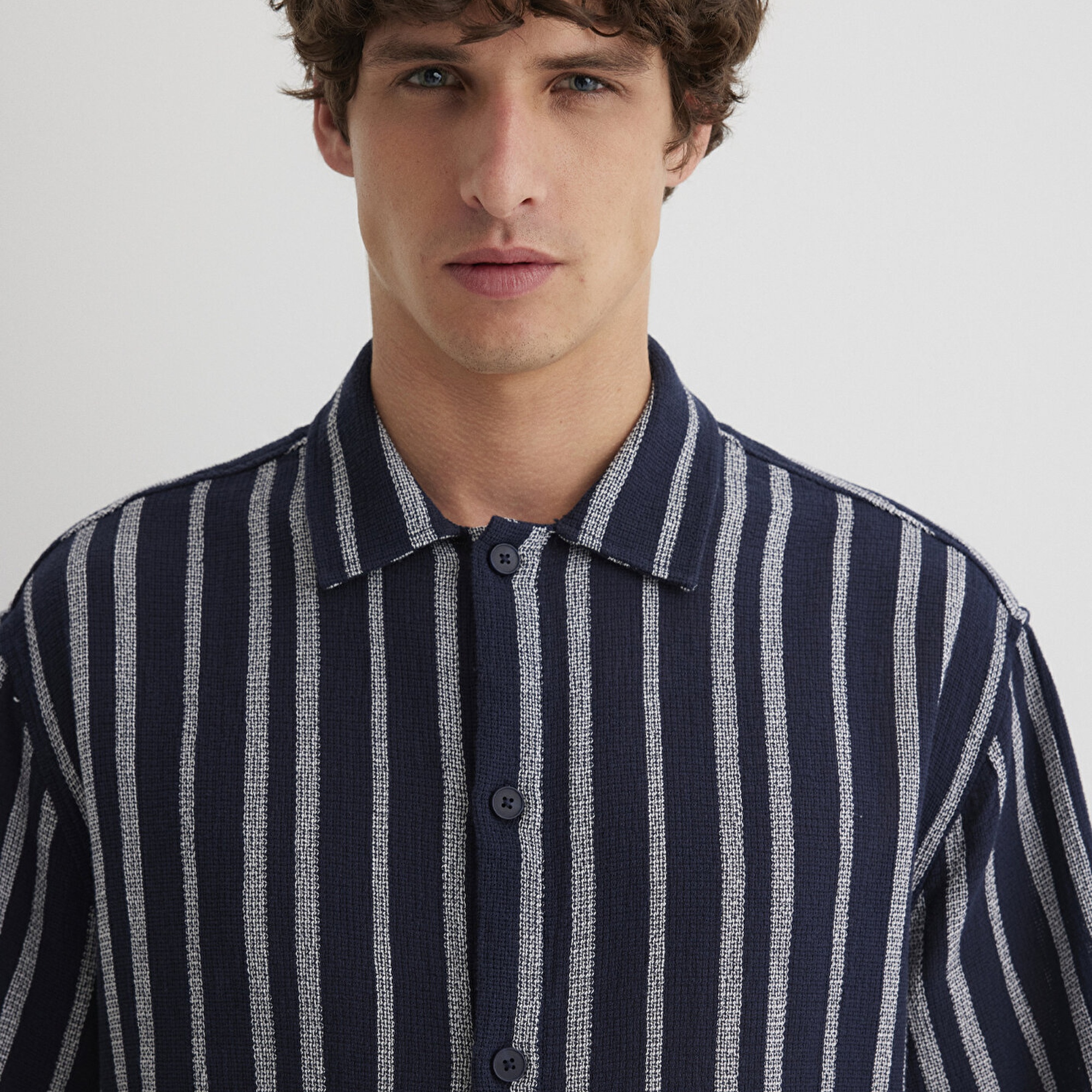 Mavi Çizgili Lacivert Gömlek Loose Fit / Bol Rahat Kesim 0211541-70490