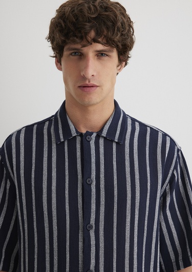  Mavi Çizgili Lacivert Gömlek Loose Fit / Bol Rahat Kesim 0211541-70490