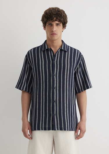  Mavi Çizgili Lacivert Gömlek Loose Fit / Bol Rahat Kesim 0211541-70490