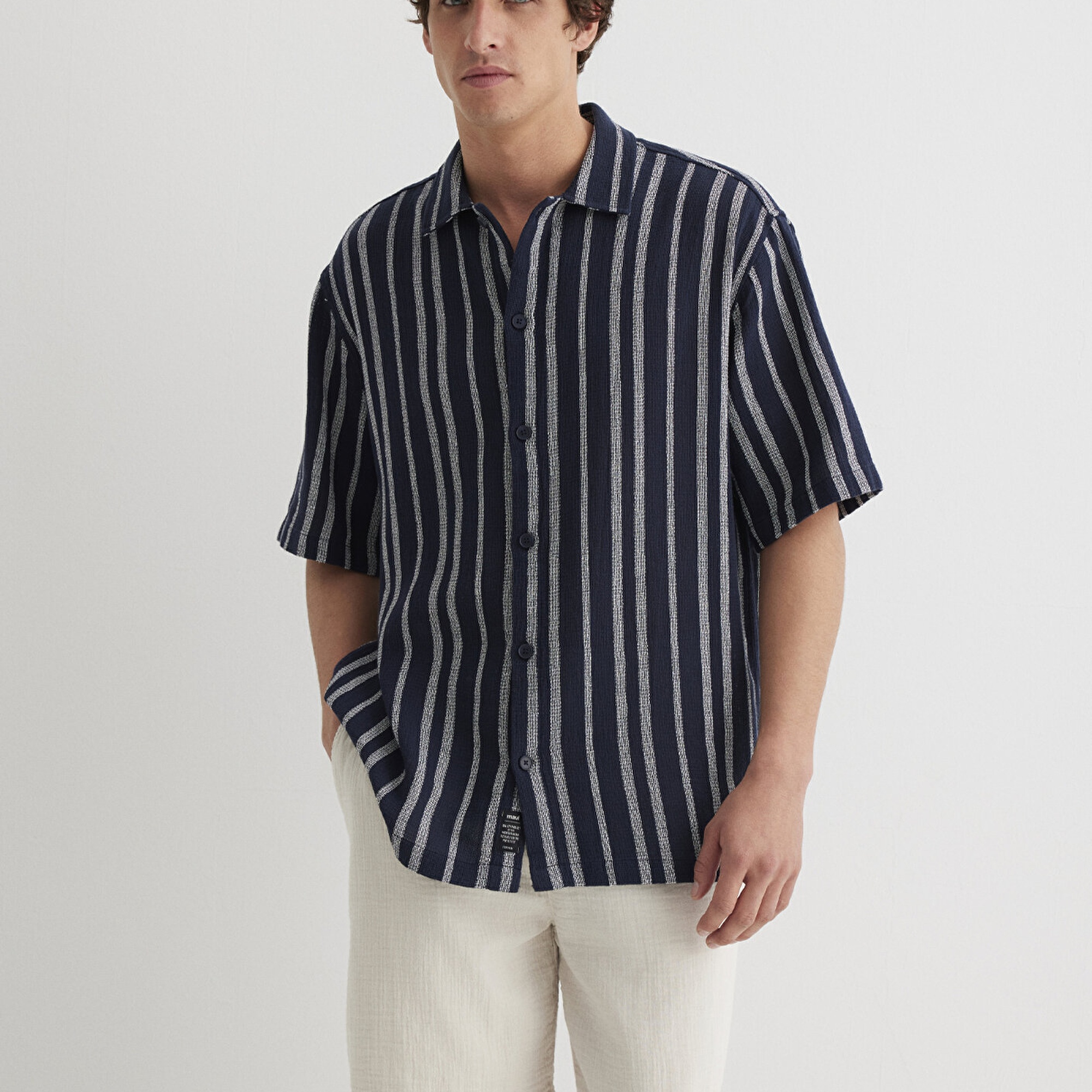 Mavi Çizgili Lacivert Gömlek Loose Fit / Bol Rahat Kesim 0211541-70490