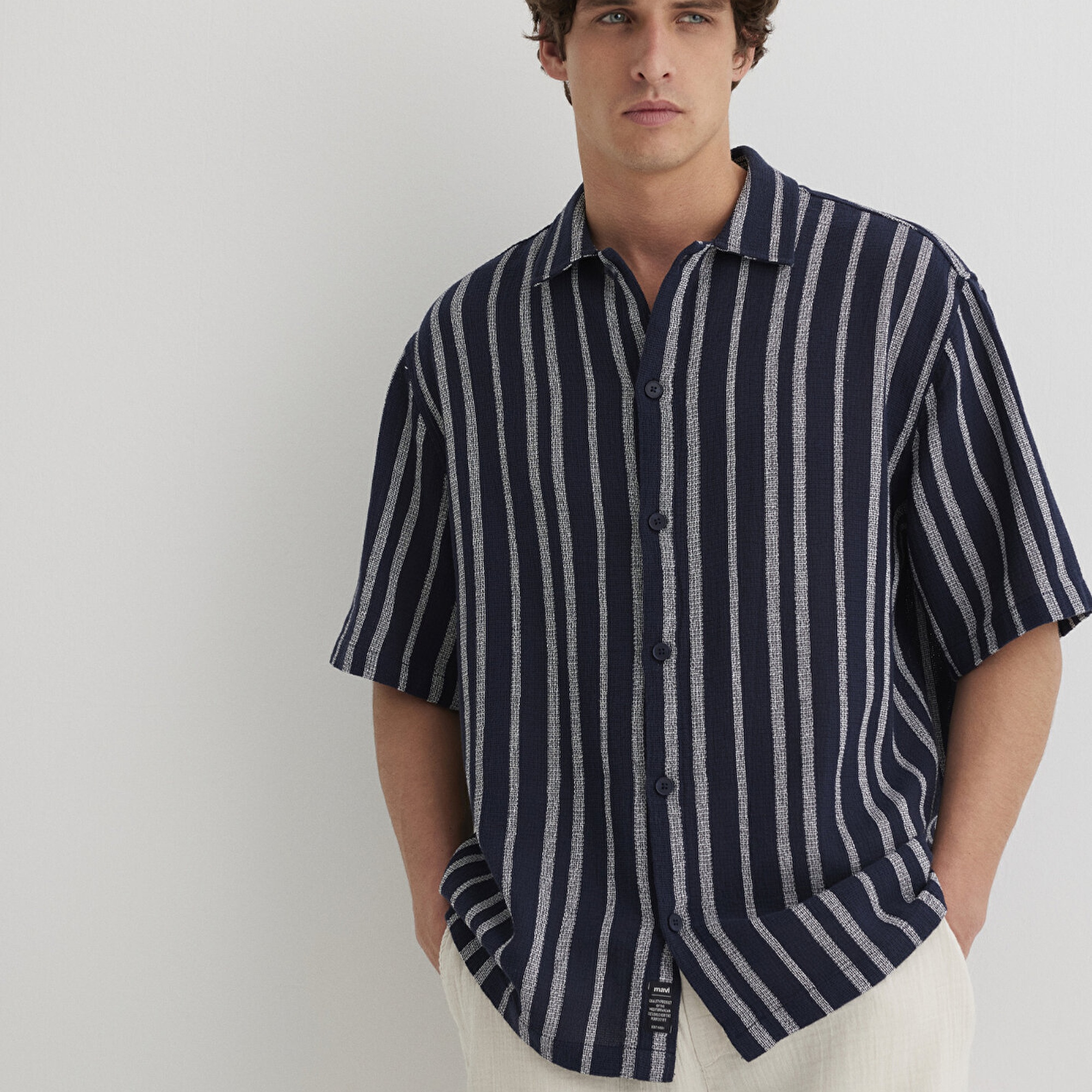 Mavi Çizgili Lacivert Gömlek Loose Fit / Bol Rahat Kesim 0211541-70490