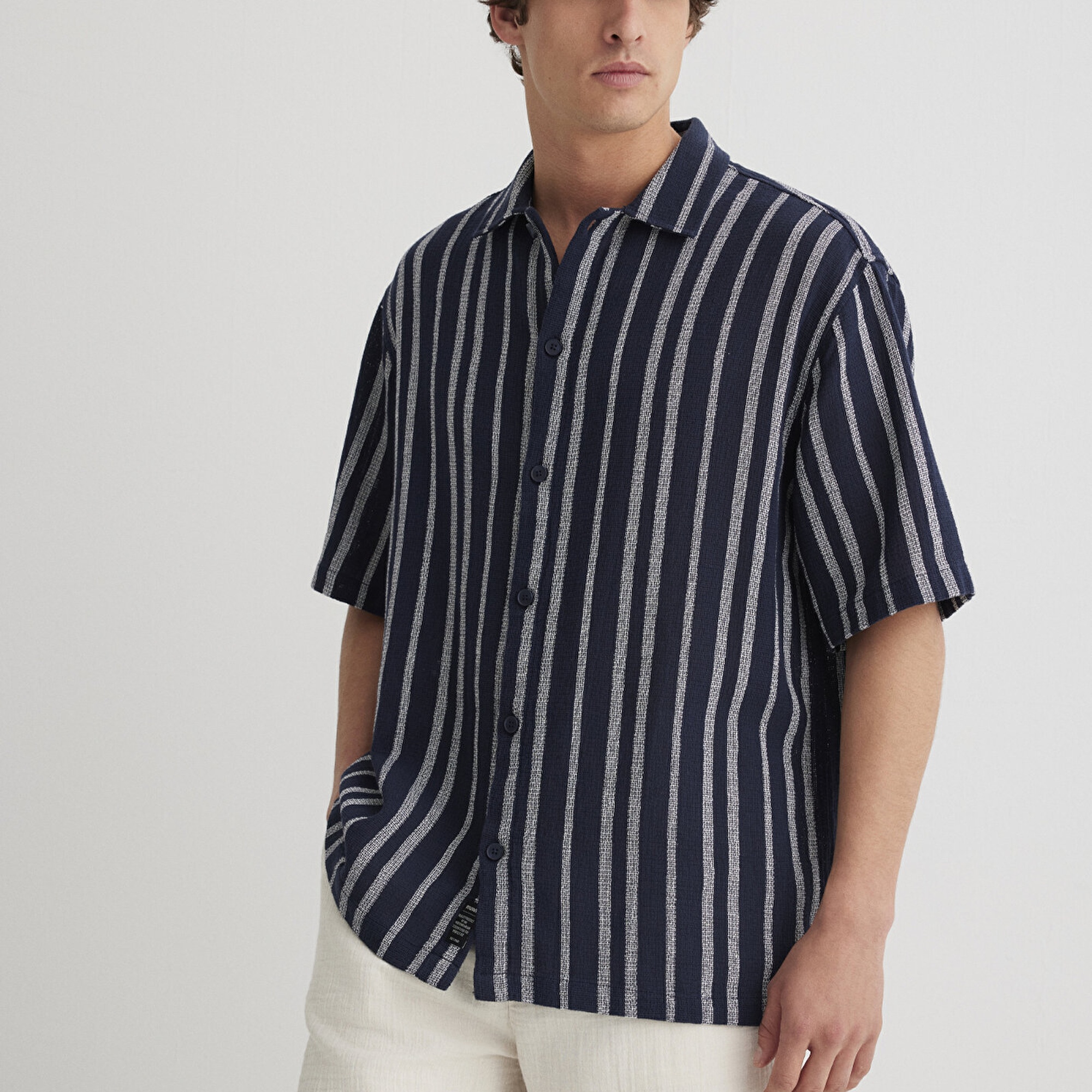 Mavi Çizgili Lacivert Gömlek Loose Fit / Bol Rahat Kesim 0211541-70490