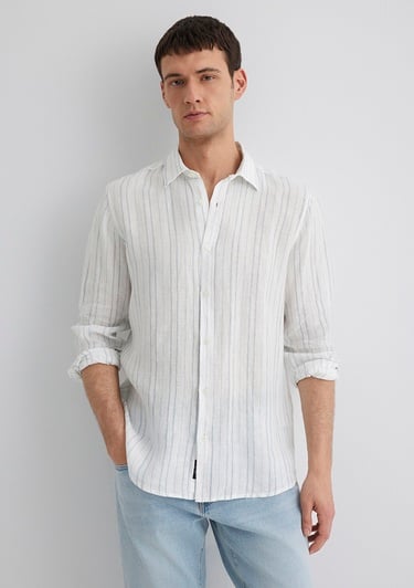  Mavi Keten Karışımlı Çizgili Mavi Gömlek Regular Fit / Normal Kesim 0211525-89288