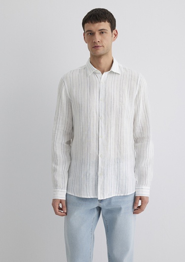  Mavi Keten Karışımlı Çizgili Mavi Gömlek Regular Fit / Normal Kesim 0211525-89288