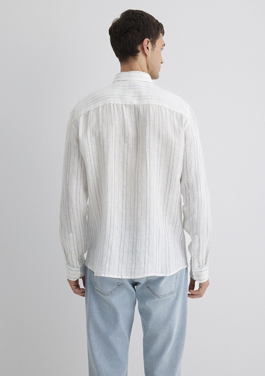  Mavi Keten Karışımlı Çizgili Mavi Gömlek Regular Fit / Normal Kesim 0211525-89288