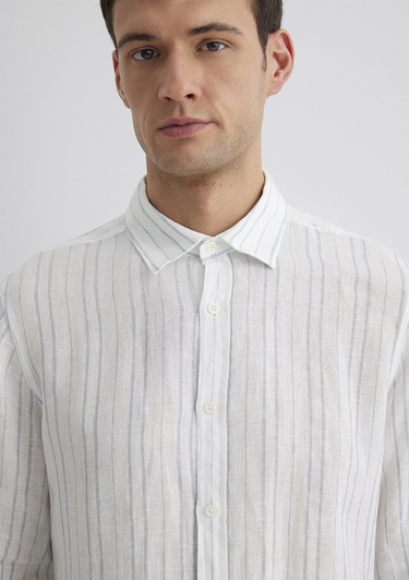  Mavi Keten Karışımlı Çizgili Mavi Gömlek Regular Fit / Normal Kesim 0211525-89288