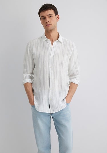  Mavi Keten Karışımlı Çizgili Mavi Gömlek Regular Fit / Normal Kesim 0211525-89288