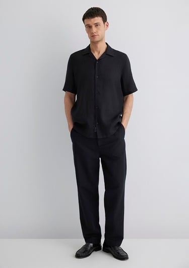  Mavi Siyah Keten Gömlek Regular Fit / Normal Kesim 0211474-900