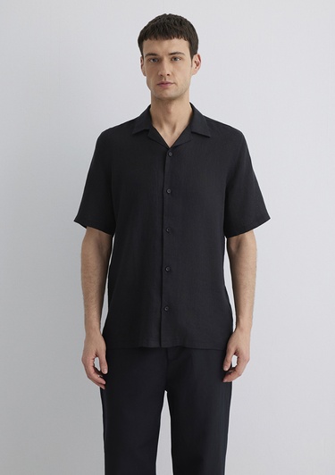  Mavi Siyah Keten Gömlek Regular Fit / Normal Kesim 0211474-900