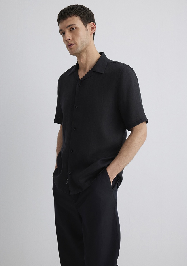  Mavi Siyah Keten Gömlek Regular Fit / Normal Kesim 0211474-900