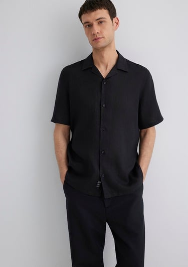  Mavi Siyah Keten Gömlek Regular Fit / Normal Kesim 0211474-900