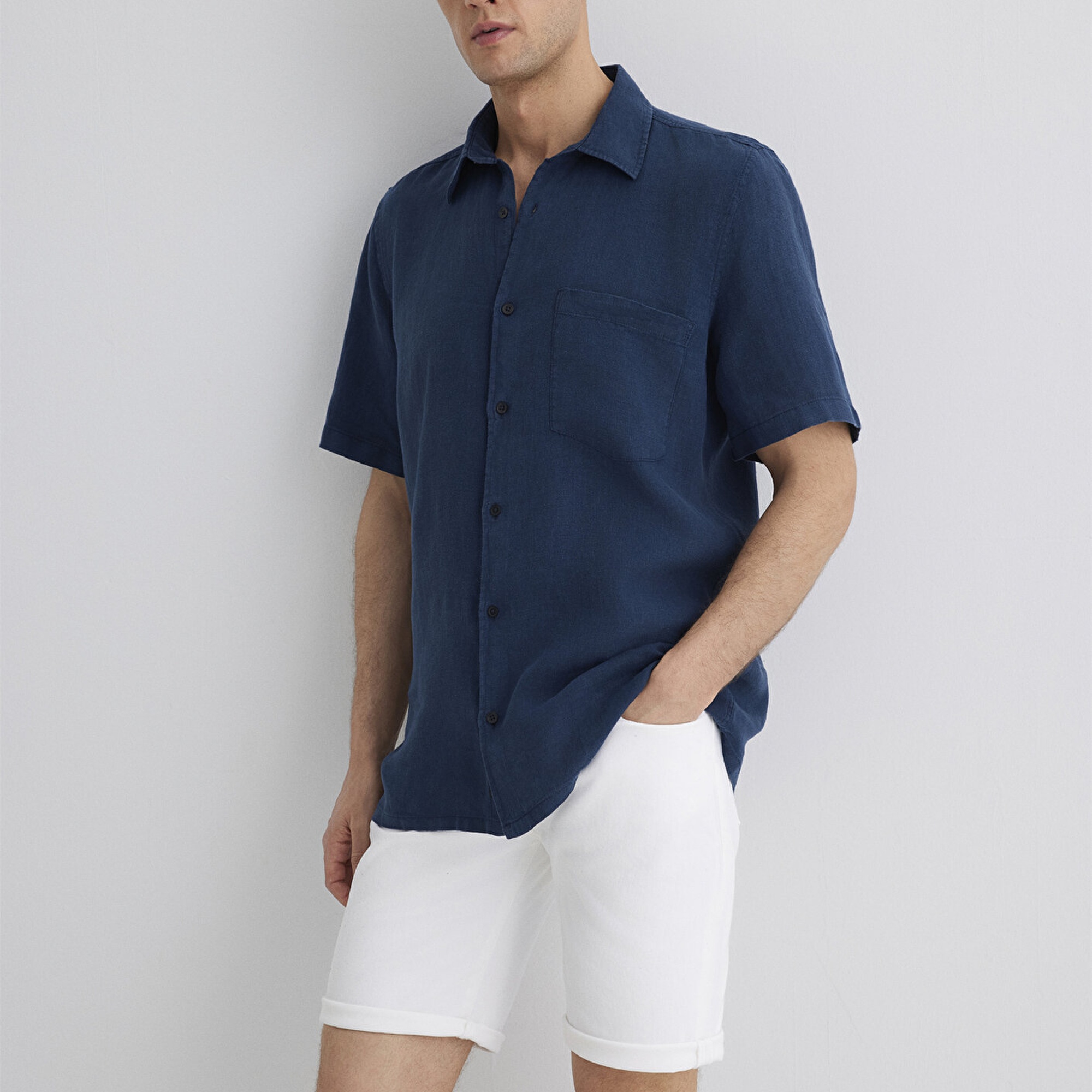 Mavi Gri Keten Gömlek Regular Fit / Normal Kesim 0211473-82183