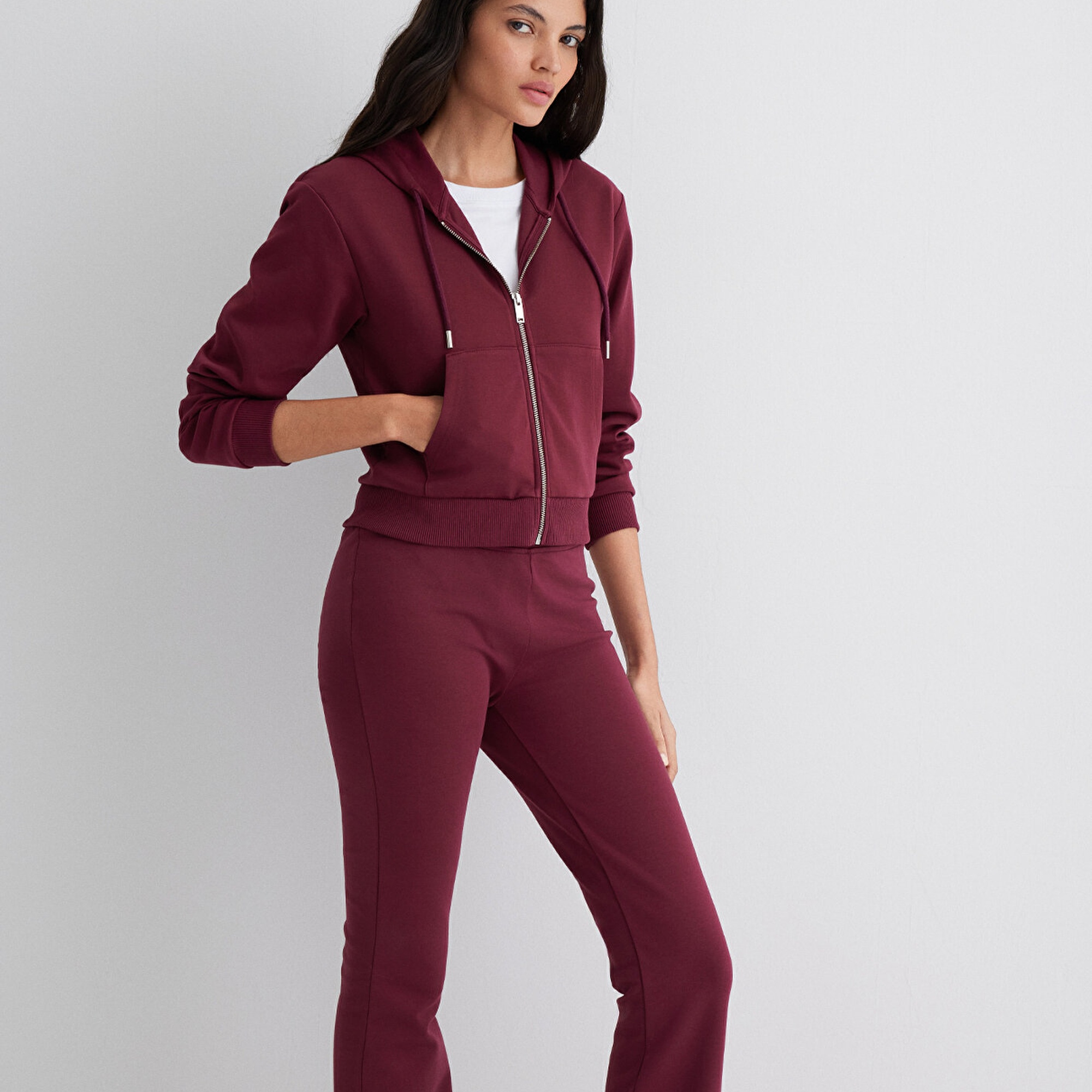 Mavi Kapüşonlu Bordo İnterlok Sweatshirt 1S10424-70394