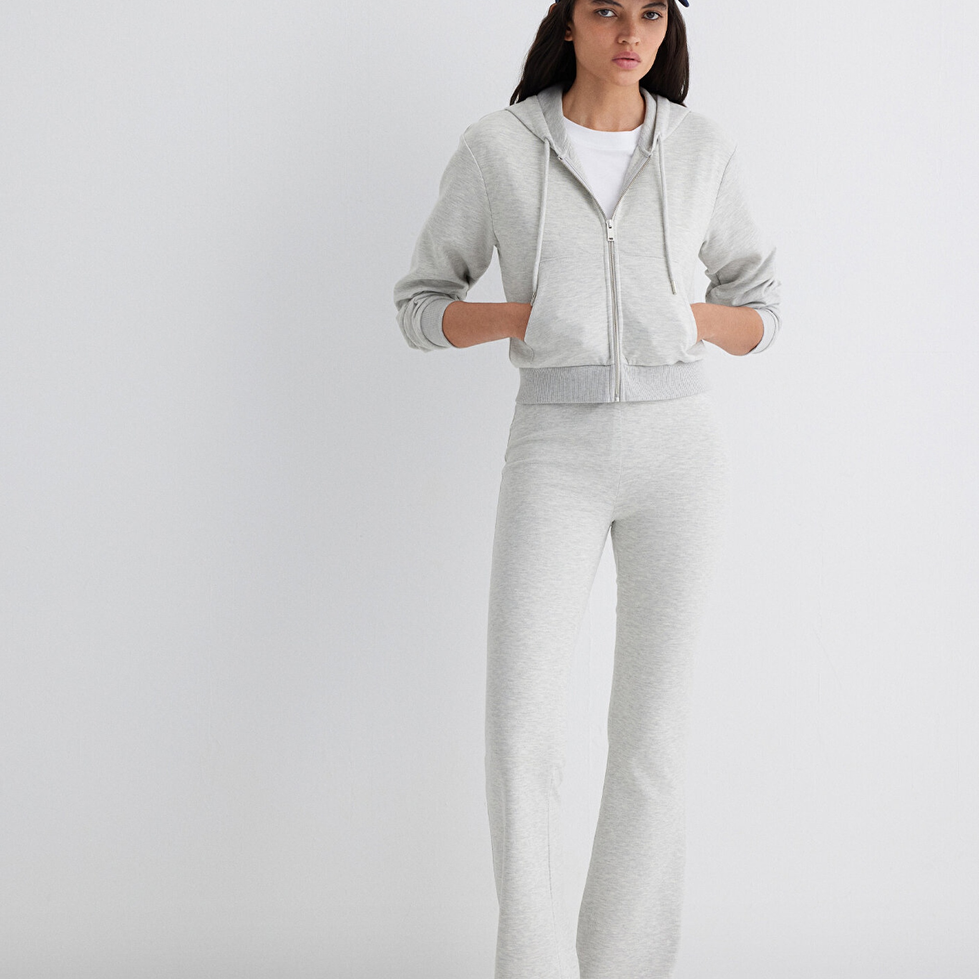 Mavi Kapüşonlu Gri İnterlok Sweatshirt 1S10424-88467