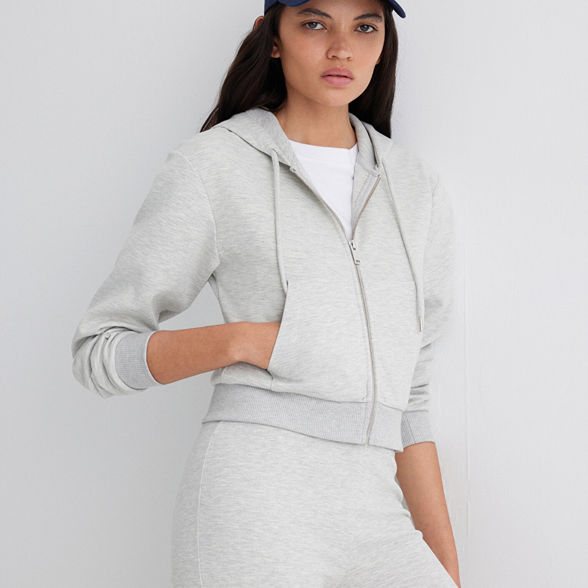 Mavi Kapüşonlu Gri İnterlok Sweatshirt 1S10424-88467