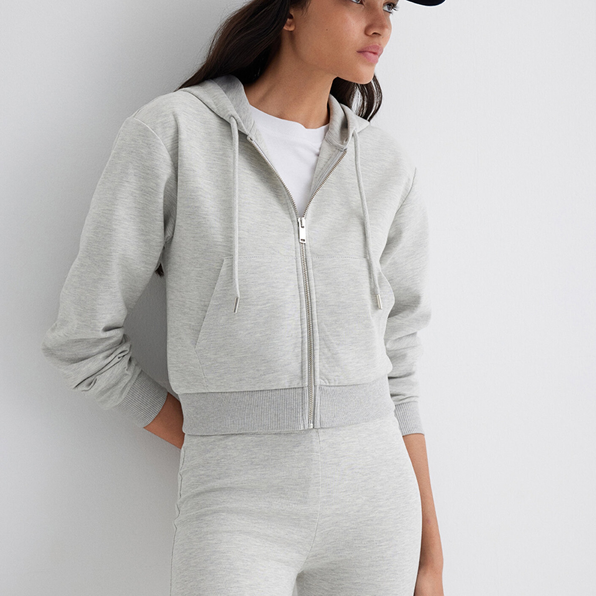 Mavi Kapüşonlu Gri İnterlok Sweatshirt 1S10424-88467