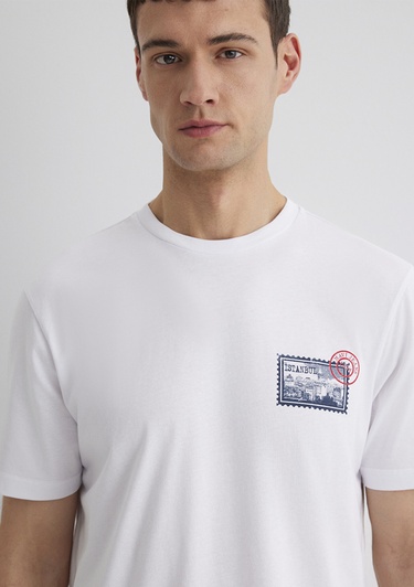  Mavi Baskılı Beyaz Tişört Regular Fit / Normal Kesim 0612998-620