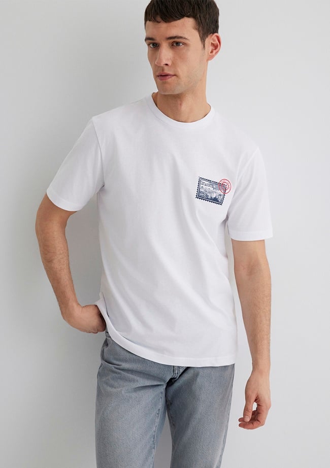  Mavi Baskılı Beyaz Tişört Regular Fit / Normal Kesim 0612998-620