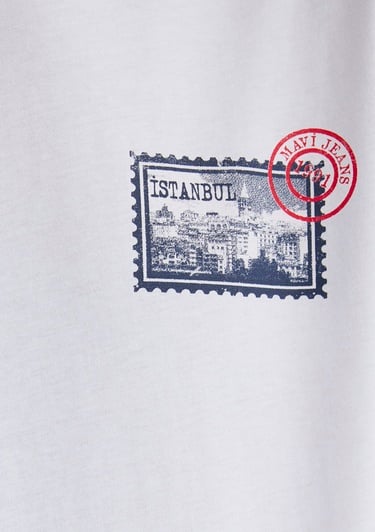  Mavi Baskılı Beyaz Tişört Regular Fit / Normal Kesim 0612998-620