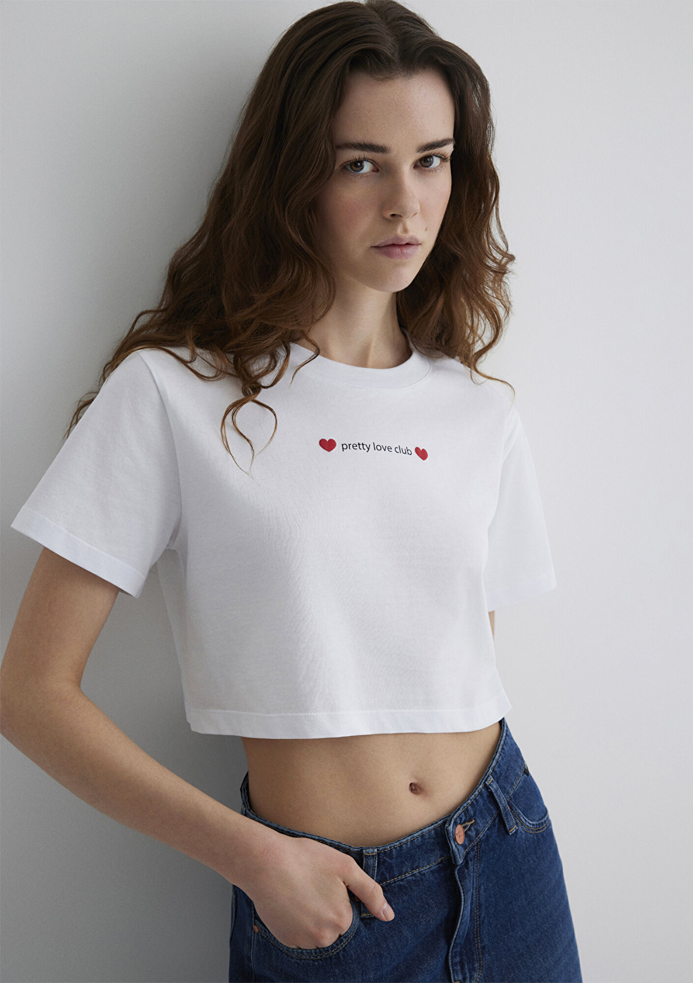  Mavi Baskılı Beyaz Crop Tişört Regular Fit / Normal Kesim 1613208-620