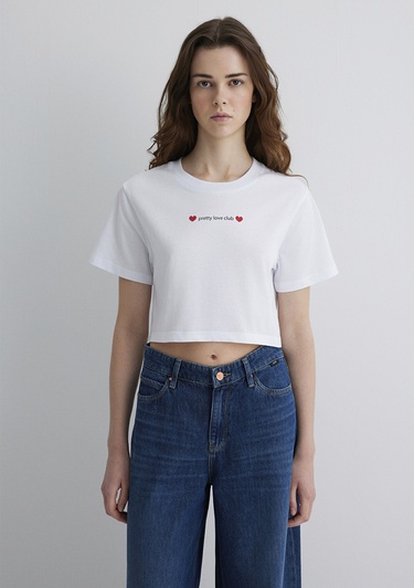  Mavi Baskılı Beyaz Crop Tişört Regular Fit / Normal Kesim 1613208-620