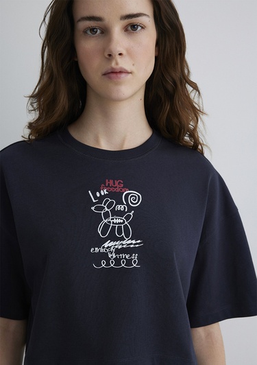  Mavi Sırt Baskılı Antrasit Tişört Crop / Kısa Kesim 1613101-70087