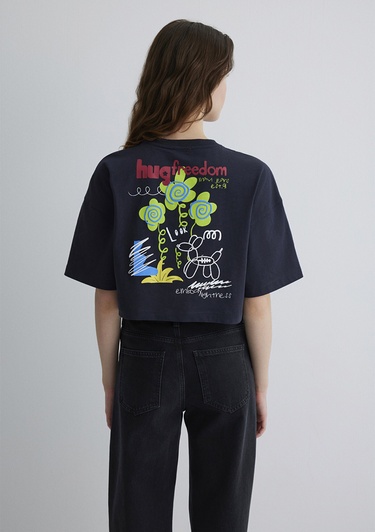  Mavi Sırt Baskılı Antrasit Tişört Crop / Kısa Kesim 1613101-70087