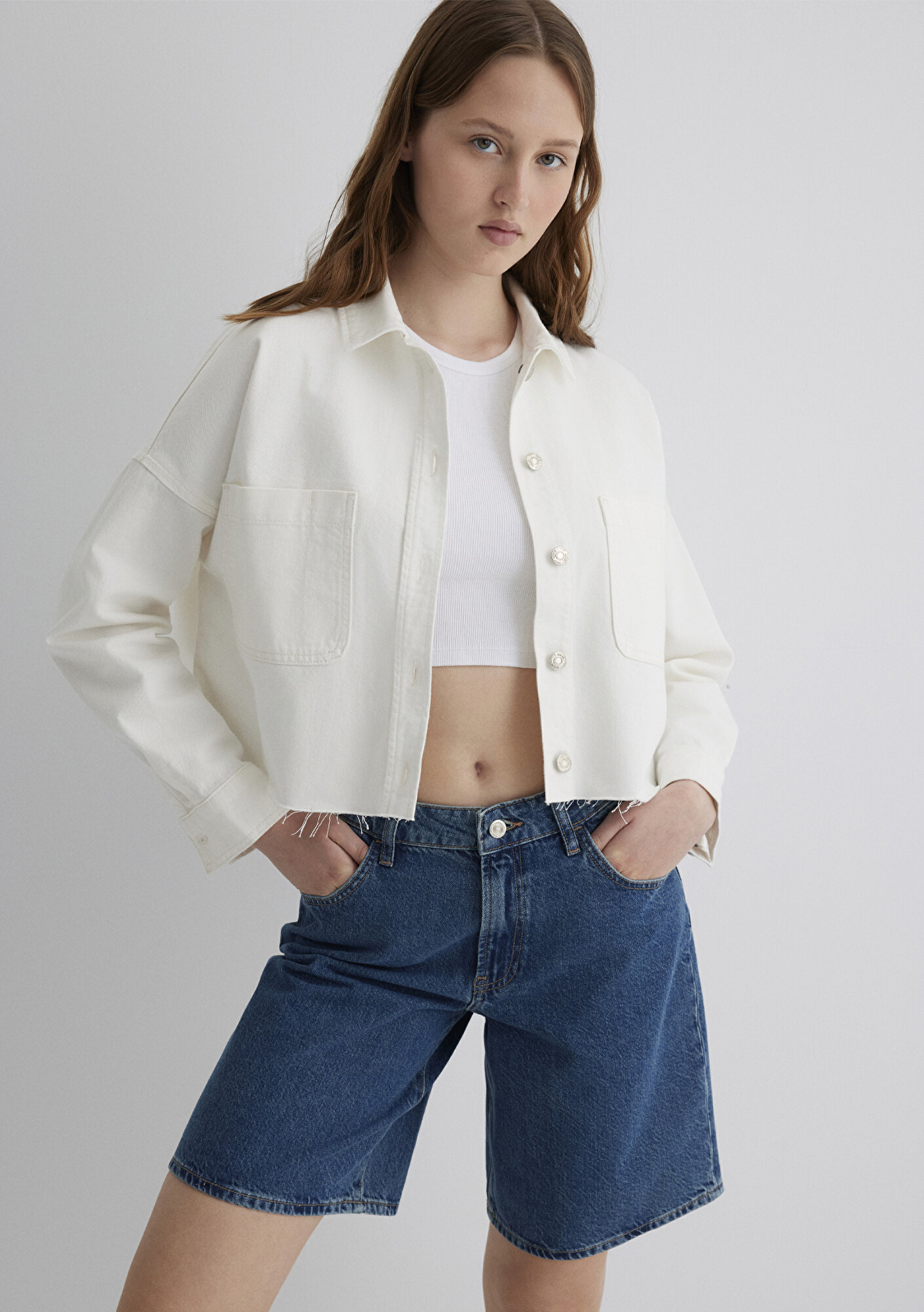  Mavi Vivi 90lar Beyaz Jean Gömlek Crop / Kısa Kesim 1210244-86440