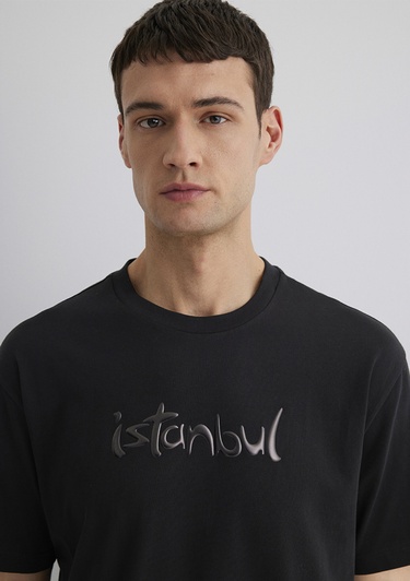  Mavi İstanbul Baskılı Siyah Tişört Loose Fit / Bol Rahat Kesim 0613002-71379