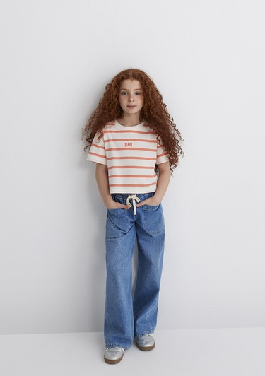  Mavi Mavi Logo Baskılı Turuncu Çizgili Crop Tişört Loose Fit / Bol Rahat Kesim 7610182-89310