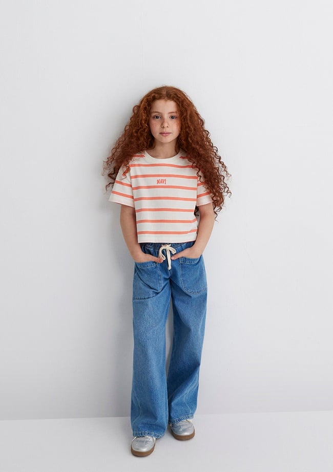  Mavi Mavi Logo Baskılı Turuncu Çizgili Crop Tişört Loose Fit / Bol Rahat Kesim 7610182-89310