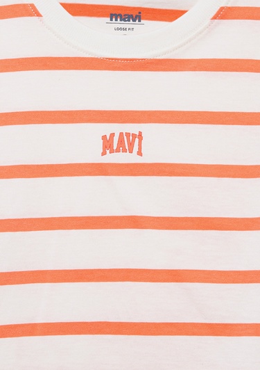  Mavi Mavi Logo Baskılı Turuncu Çizgili Crop Tişört Loose Fit / Bol Rahat Kesim 7610182-89310