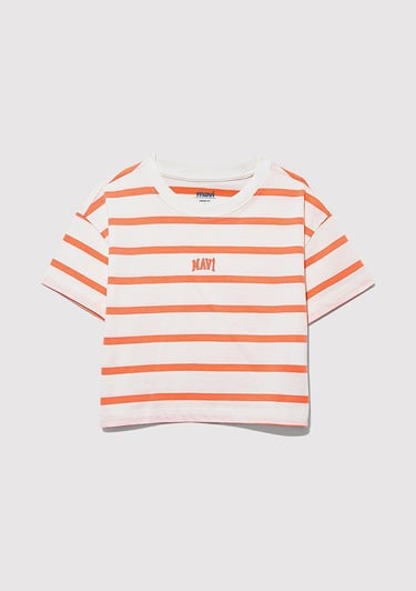  Mavi Mavi Logo Baskılı Turuncu Çizgili Crop Tişört Loose Fit / Bol Rahat Kesim 7610182-89310