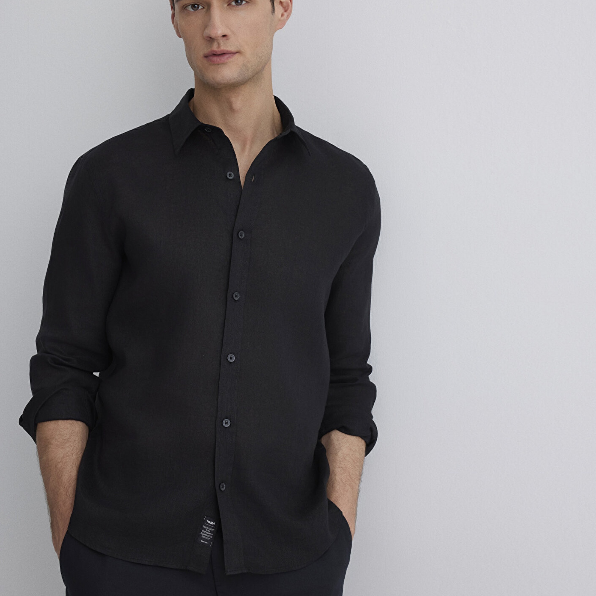 Mavi Siyah Keten Gömlek Slim Fit / Dar Kesim 0211466-900