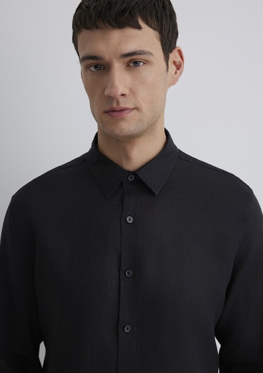  Mavi Siyah Keten Gömlek Slim Fit / Dar Kesim 0211466-900