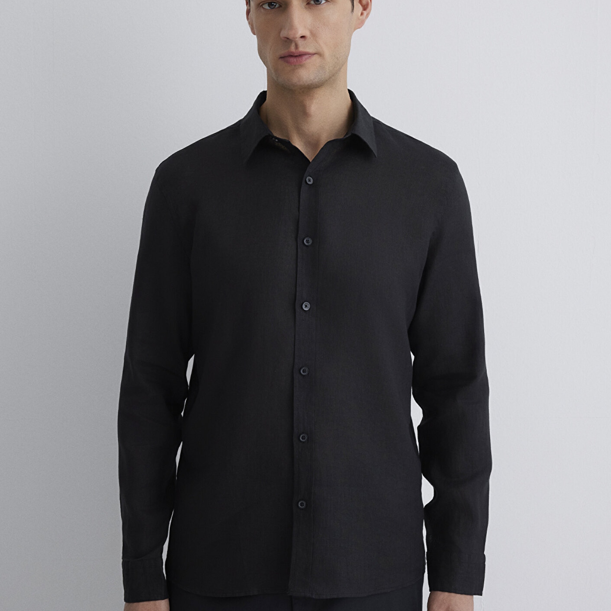 Mavi Siyah Keten Gömlek Slim Fit / Dar Kesim 0211466-900