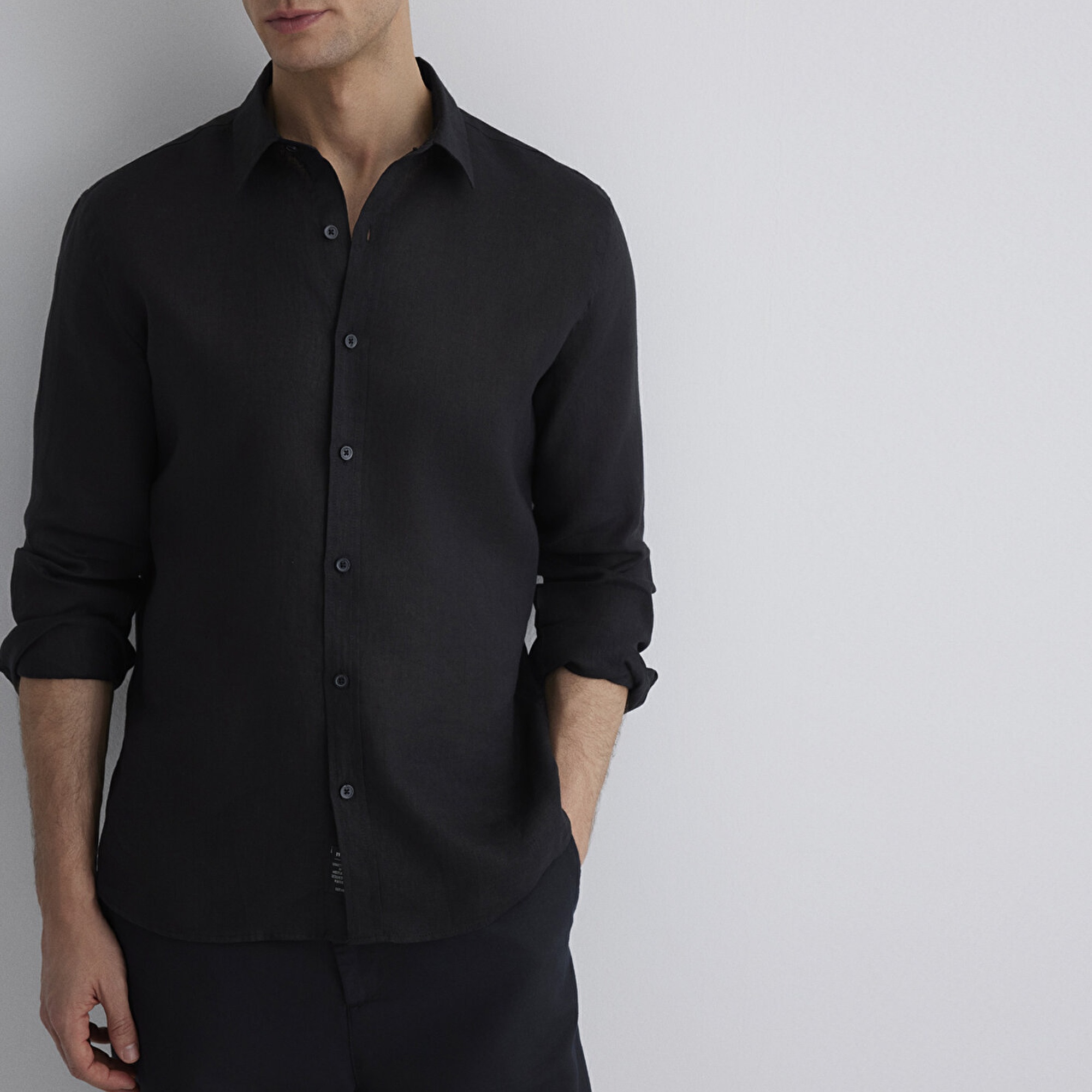 Mavi Siyah Keten Gömlek Slim Fit / Dar Kesim 0211466-900