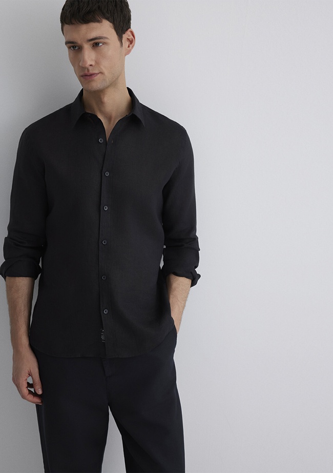  Mavi Siyah Keten Gömlek Slim Fit / Dar Kesim 0211466-900