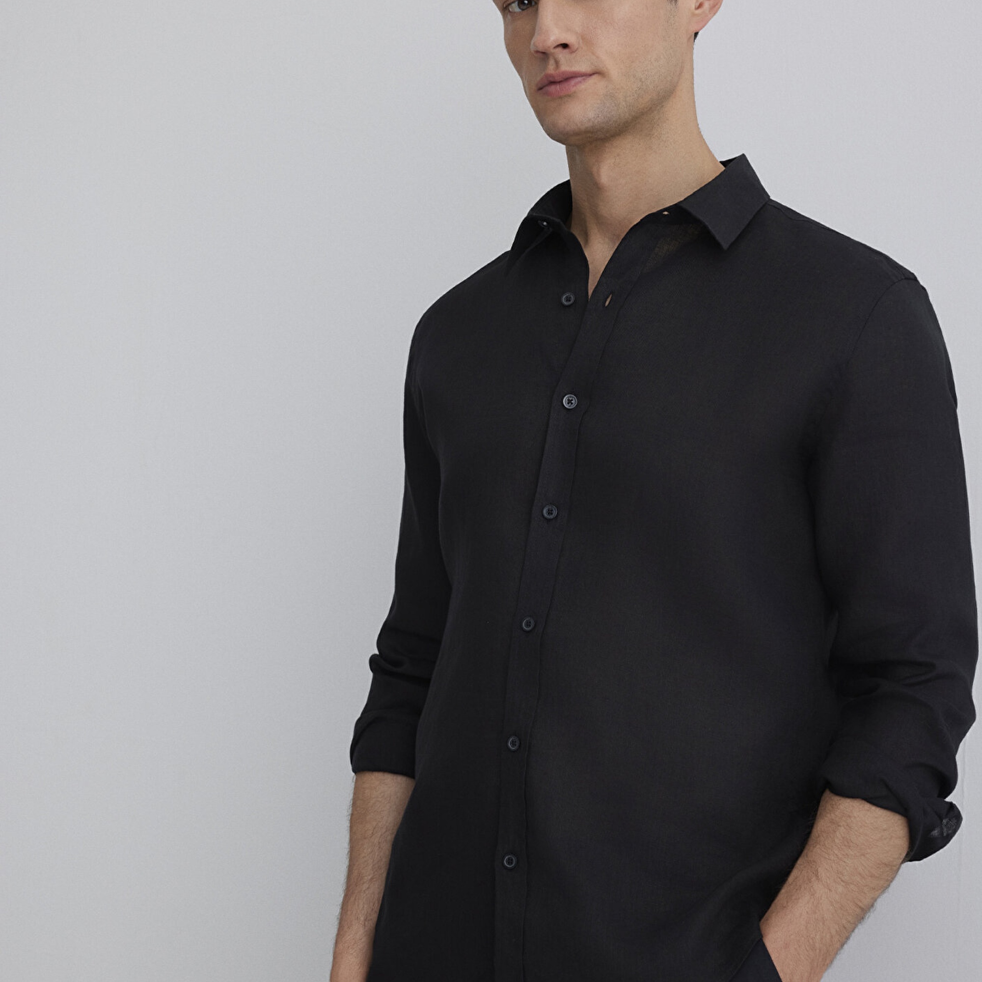 Mavi Siyah Keten Gömlek Slim Fit / Dar Kesim 0211466-900