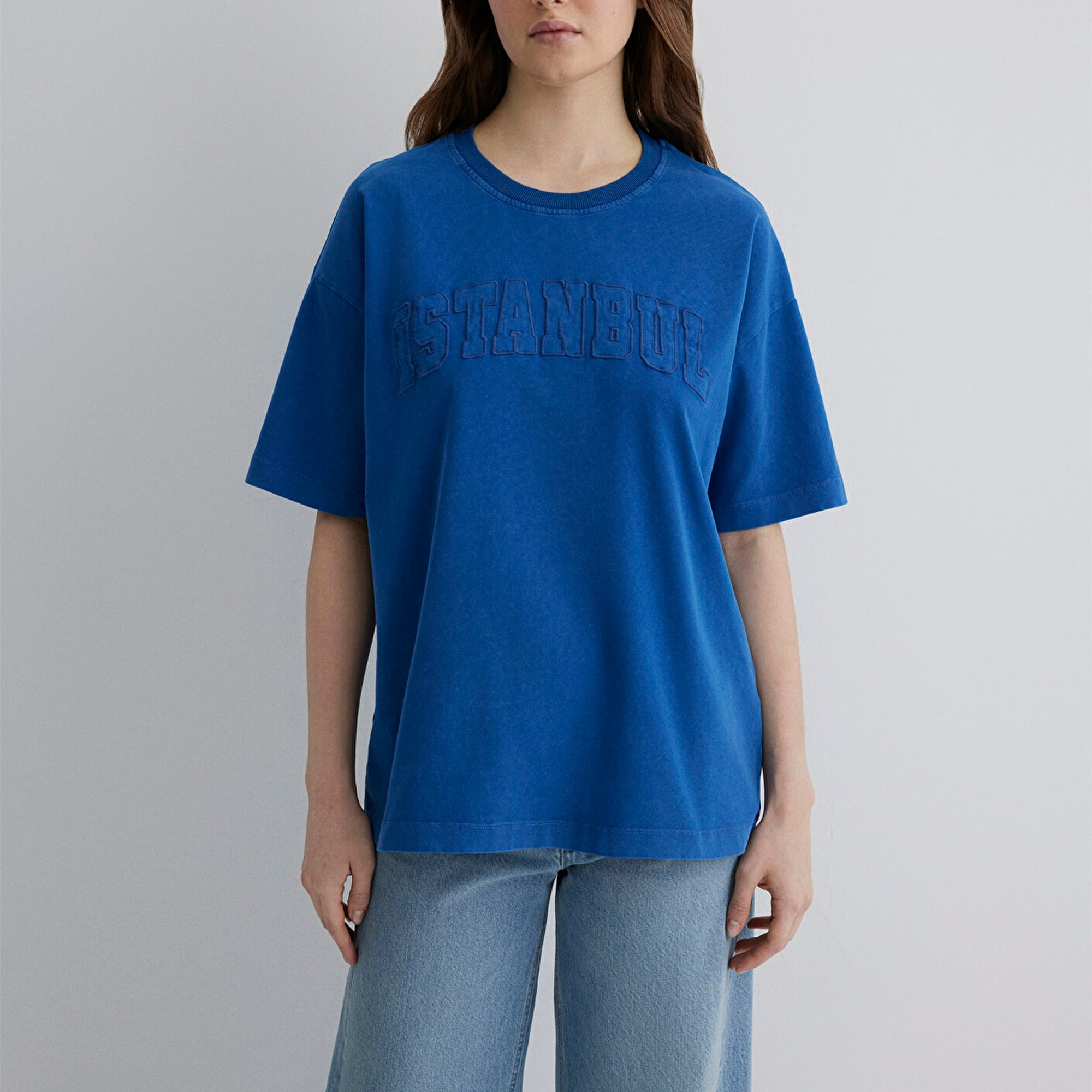 Mavi İstanbul Baskılı Mavi Tişört Oversize / Geniş Kesim 1613219-88121