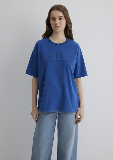  Mavi İstanbul Baskılı Mavi Tişört Oversize / Geniş Kesim 1613219-88121