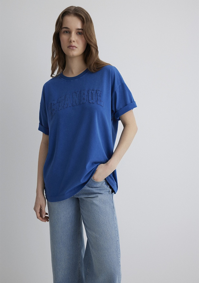  Mavi İstanbul Baskılı Mavi Tişört Oversize / Geniş Kesim 1613219-88121